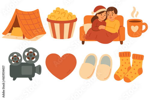 Cozy Night Icons. Flat vector mini-illustrations cozy night in colors children's illustrations: blanket fort,