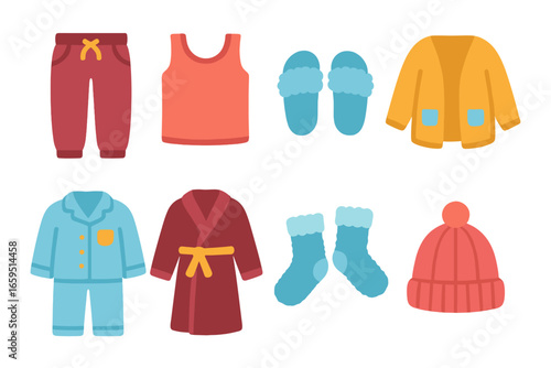 Cozy Outfit Icons. Flat vector mini-illustrations weekend lounging outfits in colors children's illustrations: