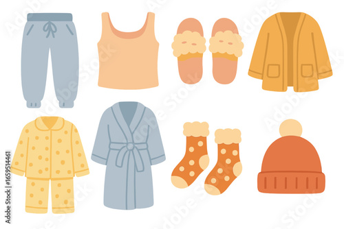 Cozy Outfit Icons. Flat vector mini-illustrations weekend lounging outfits in colors children's illustrations: