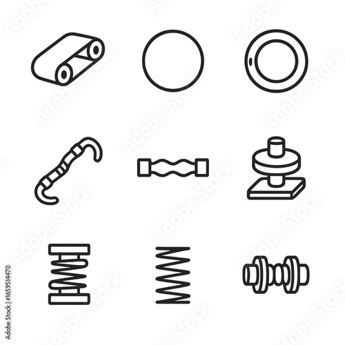 Elastic Icon Set. Outline icon set of elastic industrial uses: conveyor belts, elastic seals, elastic gaskets, elastic hoses,