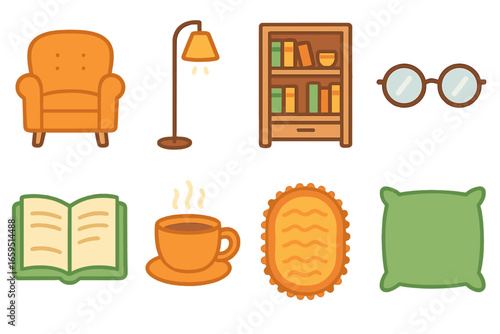Cozy Reading Icons. Flat vector mini-illustrations cozy reading nook in colors children's illustrations: