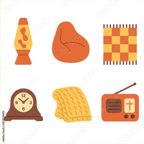 Cozy Retro Icons. Flat vector mini-illustrations Cozy retro home in colors children's illustrations: lava lamp