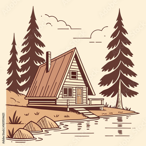 An illustration of a log cabin by a lake. Tall pine trees stand near the A-frame cabin with a chimney and stairs to a porch.

