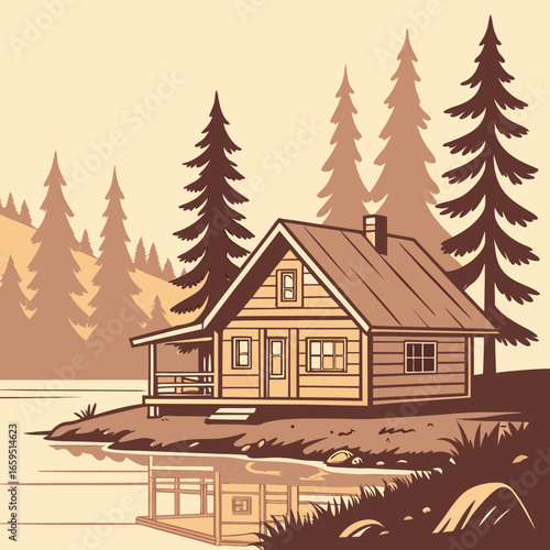 A cozy log cabin nestled beside a tranquil lake with towering pine trees in the background. An illustration that could be used to depict rural property or a cottage.

