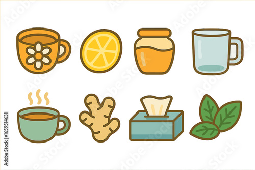 Cozy Winter Drinks. Flat vector mini-illustrations soothing drinks for cold in colors children's illustrations