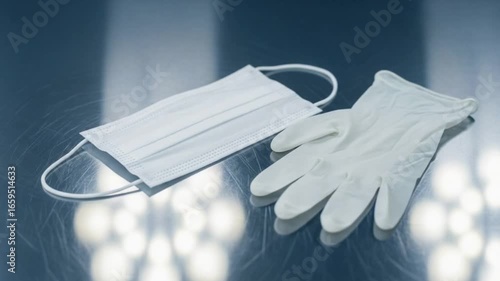 Medical protective gear face mask and gloves on a shiny surface for healthcare and safety measures during a pandemic