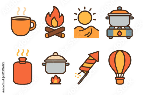 Everyday Heat Icons. Flat vector mini-illustrations everyday heat in colors children's illustrations: hot drink, campfire, stove,