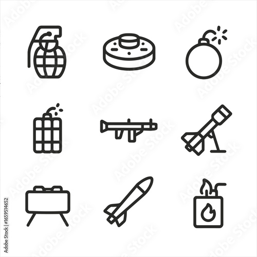 Explosive Weapon Icons. Outline icon set of explosive weapons: grenade, landmine, bomb, dynamite, rocket launcher, mortar,