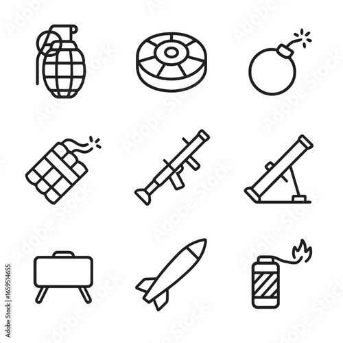 Explosive Weapon Icons. Outline icon set of explosive weapons: grenade, landmine, bomb, dynamite, rocket launcher, mortar,