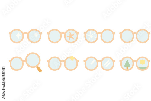 Eyeglass Lens Variations. Flat vector mini-illustrations eyeglass clarity in colors children's illustrations: clean glasses,