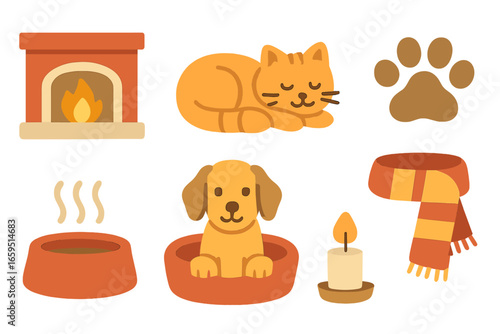 Cozy Winter Pets. Flat vector mini-illustrations Cozy indoor pets in winter in colors children's illustrations