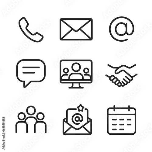 Family Communication Icons. Outline icon set of family communication: phone, letter, email, chat bubble, video call, handshake,