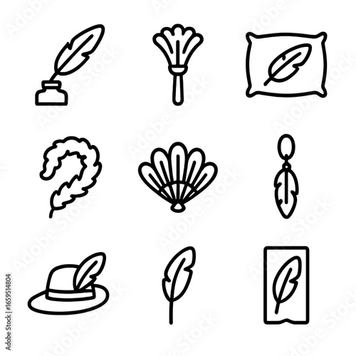 Feather Tool Icons. Outline icon set of feather tools: feather quill pen, feather duster, feather pillow, feather boa, feather fan