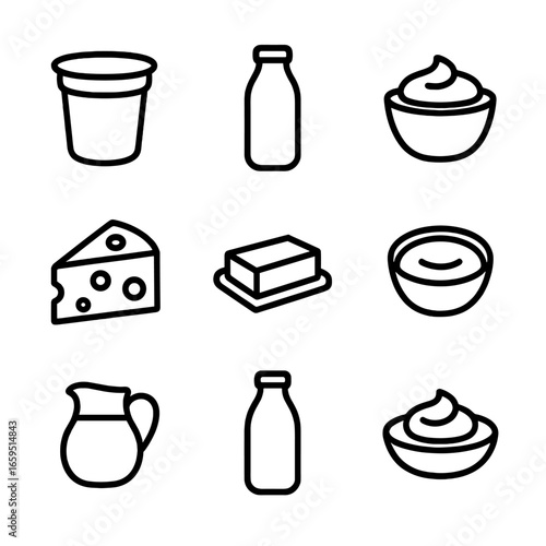 Fermented Dairy Icons. Outline icon set of fermented dairy products: yogurt cup, kefir bottle, sour cream, cheese wedge, butter,