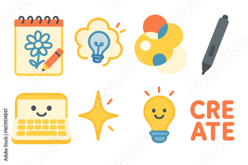 Creative Café Vibes. Flat vector mini-illustrations Creative work café vibes in colors children's