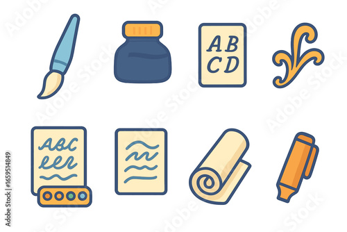Creative Calligraphy Icons. Flat vector mini-illustrations Brush calligraphy in colors children's