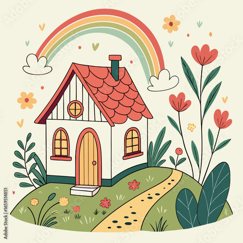 Illustration of a cozy home on a hill beneath a rainbow. The whimsical image has cartoon elements and would be appropriate for children's content.

