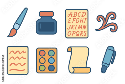 Creative Calligraphy Icons. Flat vector mini-illustrations Brush calligraphy in colors children's