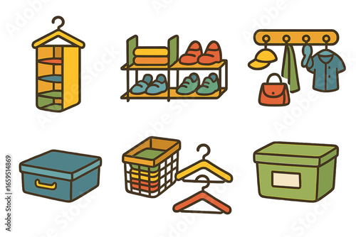 Creative Closet Storage Hacks. Flat vector mini-illustrations Creative storage hacks for closets in colors
