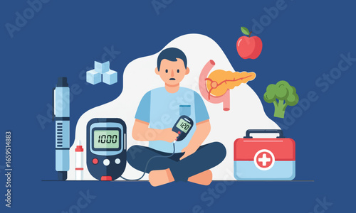 Illustration Of Doctor Checking Blood Sugar With Glucose Meter, Fruits And Medical Equipment, Suitable For Medical, Health, And Awareness Content