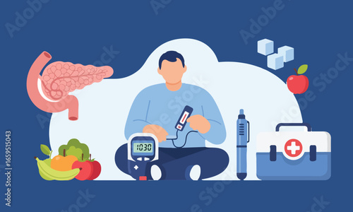 Illustration Of Doctor Monitoring Blood Sugar With Medical Tools And Healthy Food, Suitable For Health, Diabetes, And Medical Education
