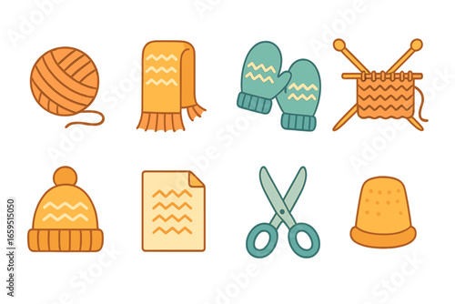 Creative Knitting Icons. Flat vector mini-illustrations creative knitting ideas in colors children's