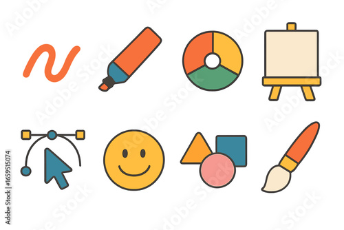 Creative Sketching Icons. Flat vector mini-illustrations Creative sketching spaces in colors children's