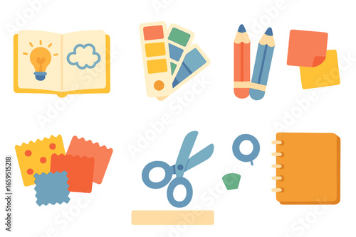 Creative Toolkit Icons. Flat vector mini-illustrations creative brainstorming in colors children's