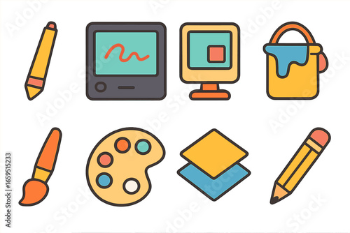 Creative Tools Grid. Flat vector mini-illustrations digital creativity tools in colors children's