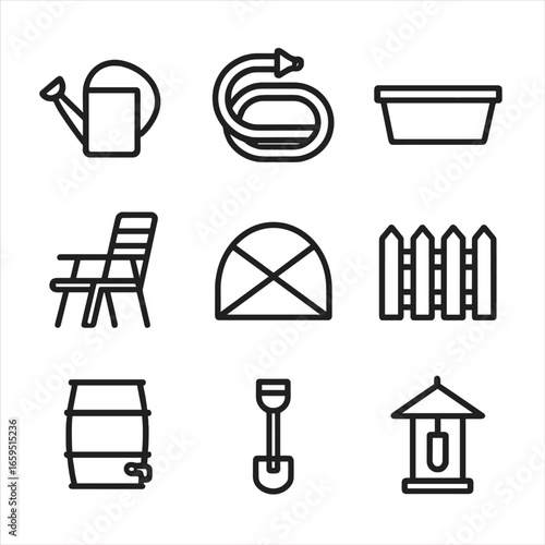 Garden Equipment Icons. Outline icon set of PVC garden and outdoor equipment: watering can, garden hose, planter box, outdoor