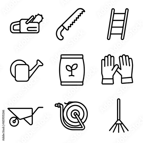 Garden Tool Icons. Outline icon set of palm tools and maintenance: chainsaw, pruning saw, ladder, watering can, fertilizer bag,