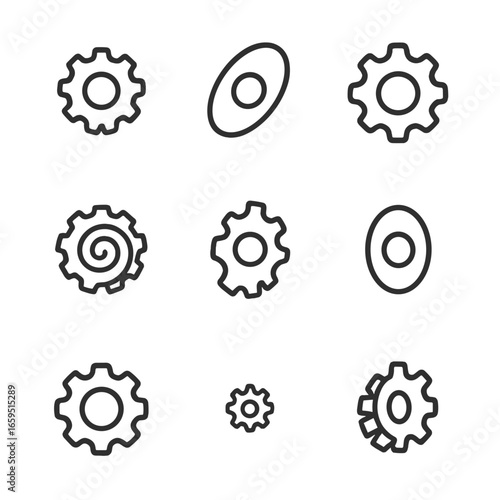Gear Icon Grid. Outline icon set of gear shapes: circular gear, elliptical gear, non-circular gear, spiral gear, segmented gear,