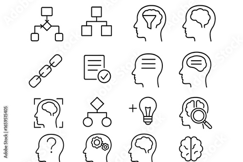 Critical Thinking Icons. Outline vector icons of critical thinking and the brain: logic process, argument map,
