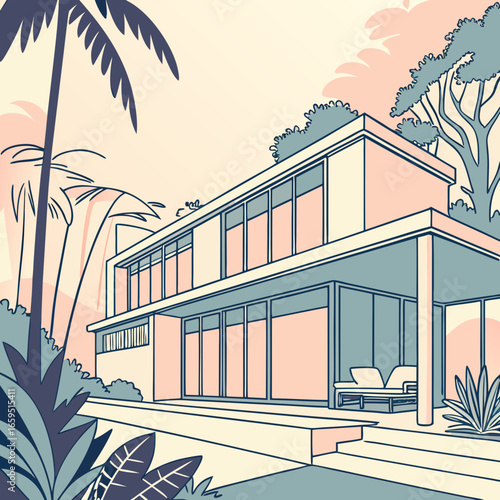 This artful illustration depicts a modern house, suggesting architectural or real estate content. The building's sleek design stands amid lush, tropical foliage.

