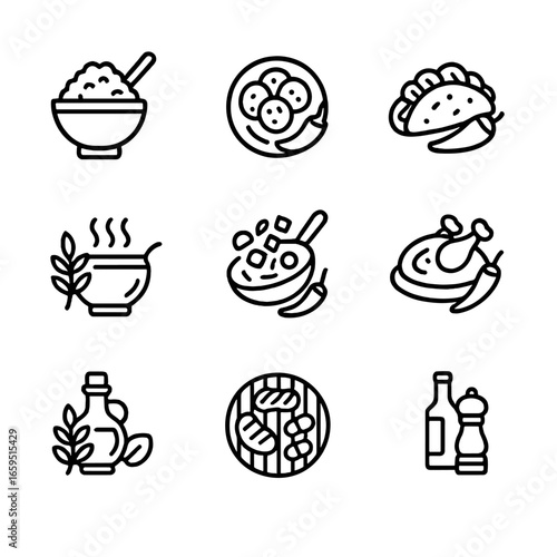 Global Spice Icons. Outline icon set of peppery cultural dishes: Cajun cuisine, Sichuan dishes, Mexican food, Indian curry, Thai