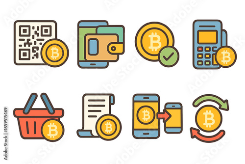 Crypto Payment Icons. Flat vector mini-illustrations cryptocurrency payment systems in colors children's