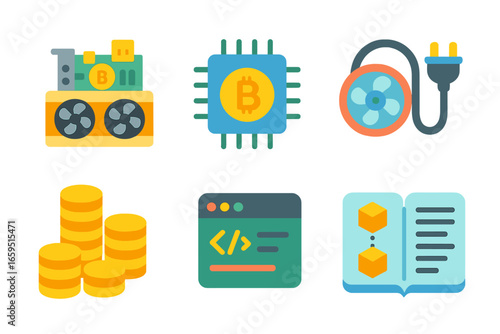 Cryptocurrency Mining Icons. Flat vector mini-illustrations cryptocurrency mining process in colors children's