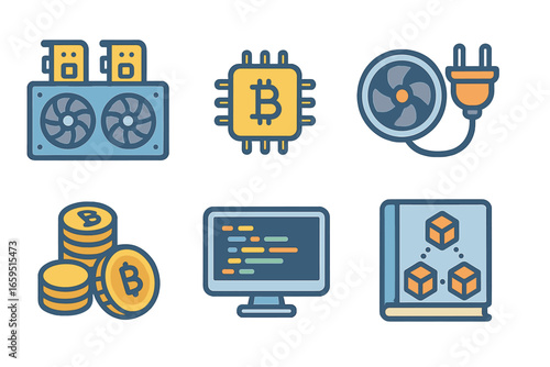 Cryptocurrency Mining Icons. Flat vector mini-illustrations cryptocurrency mining process in colors children's