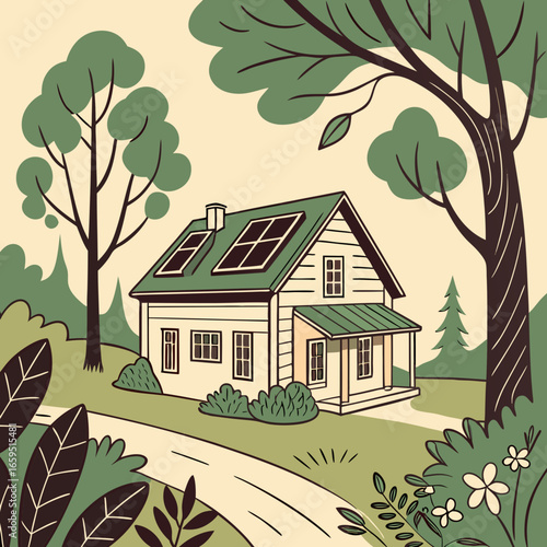
Vector graphic of a house with solar panels in a yard. The image appears to be one of many related images used for labeling.

