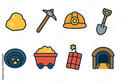 Gold Mining Icons. Flat vector mini-illustrations gold mining in colors children's illustrations: gold nugget, pickaxe, miner