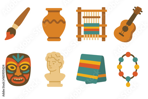 Cultural Crafts Icons. Flat vector mini-illustrations Cultural crafts and arts in colors children's