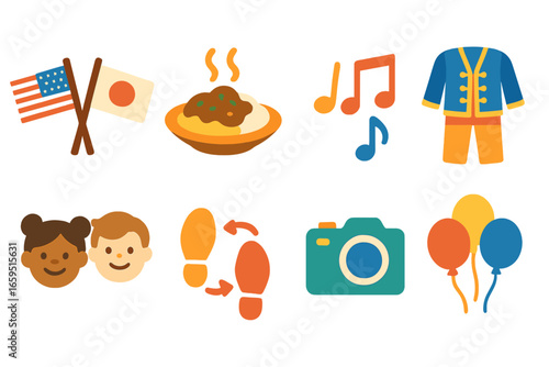 Cultural Exchange Icons. Flat vector mini-illustrations cultural exchange events in colors children's