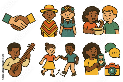 Cultural Exchange Icons. Flat vector mini-illustrations Cultural exchange moments in colors children's