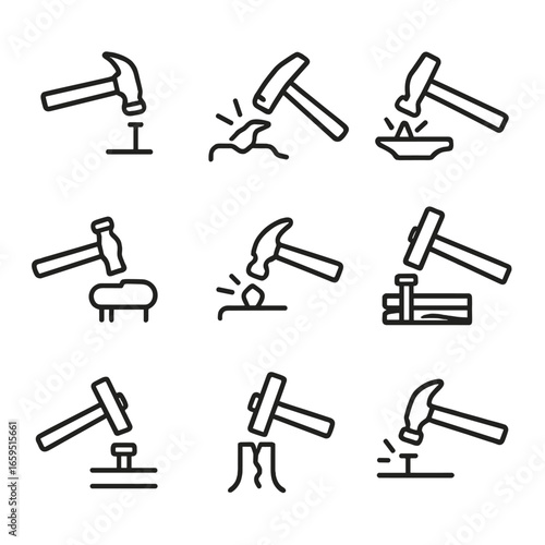 Hammer Icon Set. Outline icon set of hammer in action: striking nail, demolition swing, shaping metal, upholstery tapping, jewelry