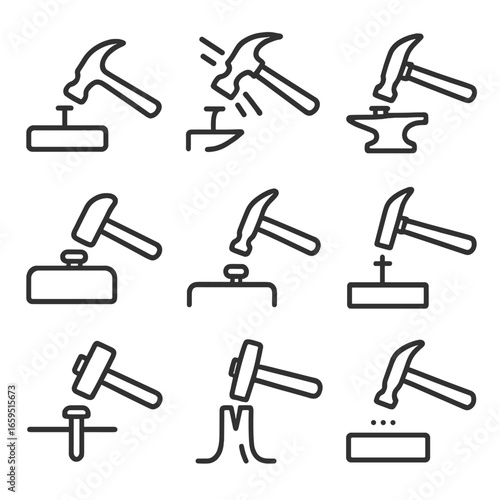 Hammer Icon Set. Outline icon set of hammer in action: striking nail, demolition swing, shaping metal, upholstery tapping, jewelry