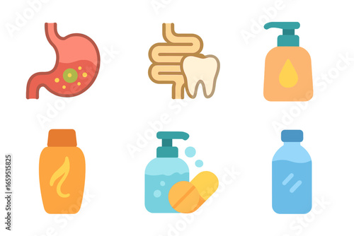 Healthy Habits Icons. Flat vector mini-illustrations pH and health in colors children's illustrations: stomach, digestive system,