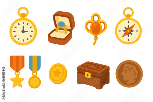 Heirloom Treasures Icons. Flat vector mini-illustrations heirloom treasures in colors children's illustrations: gold pocket watch,