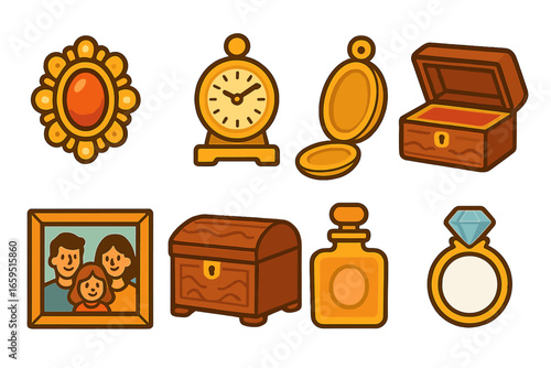Heirloom Icons Collection. Flat vector mini-illustrations treasured heirlooms in colors children's illustrations: vintage brooch,