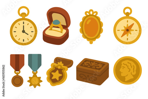 Heirloom Treasures Icons. Flat vector mini-illustrations heirloom treasures in colors children's illustrations: gold pocket watch,