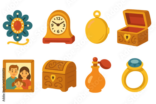 Heirloom Icons Collection. Flat vector mini-illustrations treasured heirlooms in colors children's illustrations: vintage brooch,